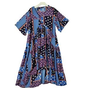 City Chic Evans Patchwork Cottage Peasant Dress Hi-Low Flowy Blue Midi Womens 16